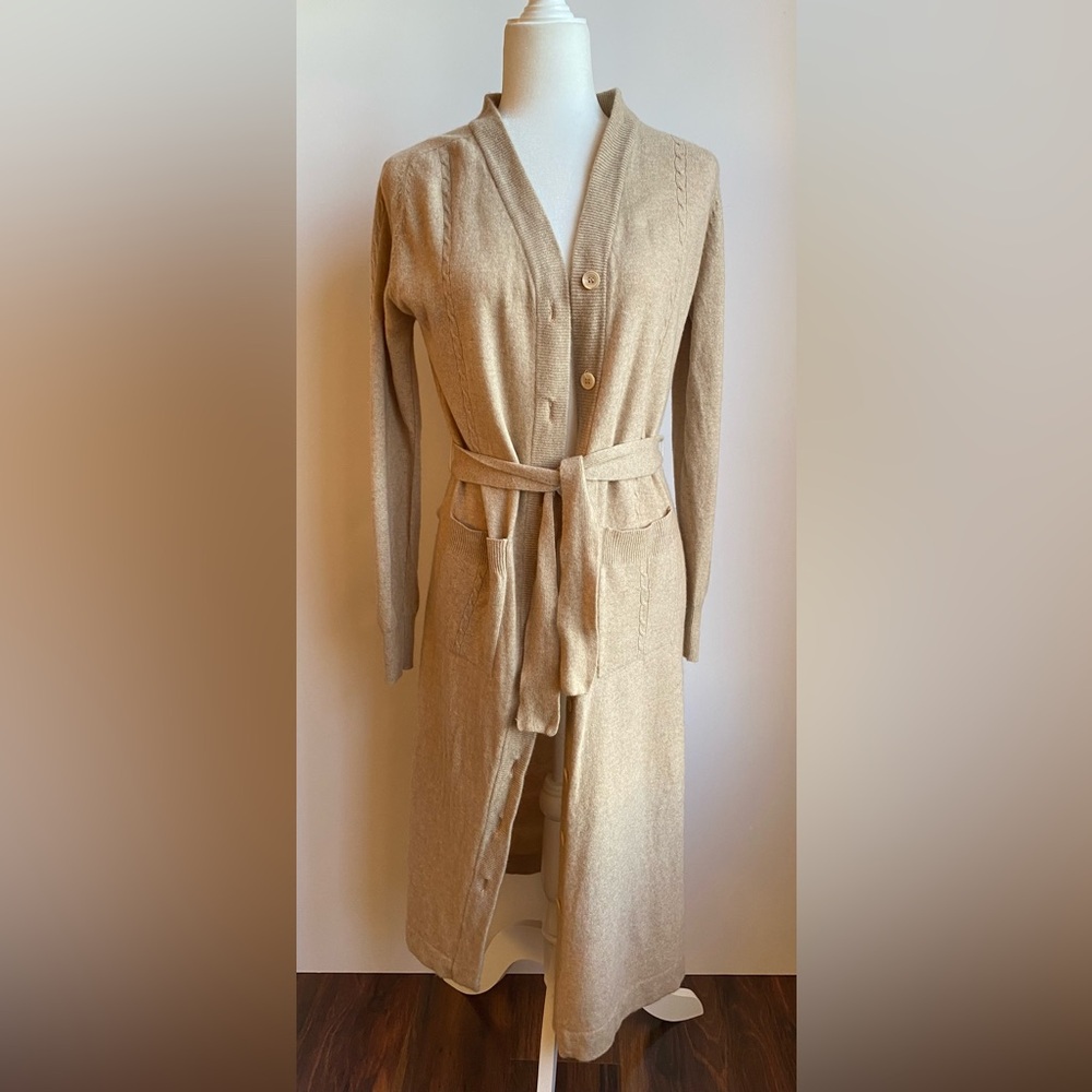 VTG 70s Goldworm 100% Cashmere Full Button Belted Robe Dress Camel Cable Knit